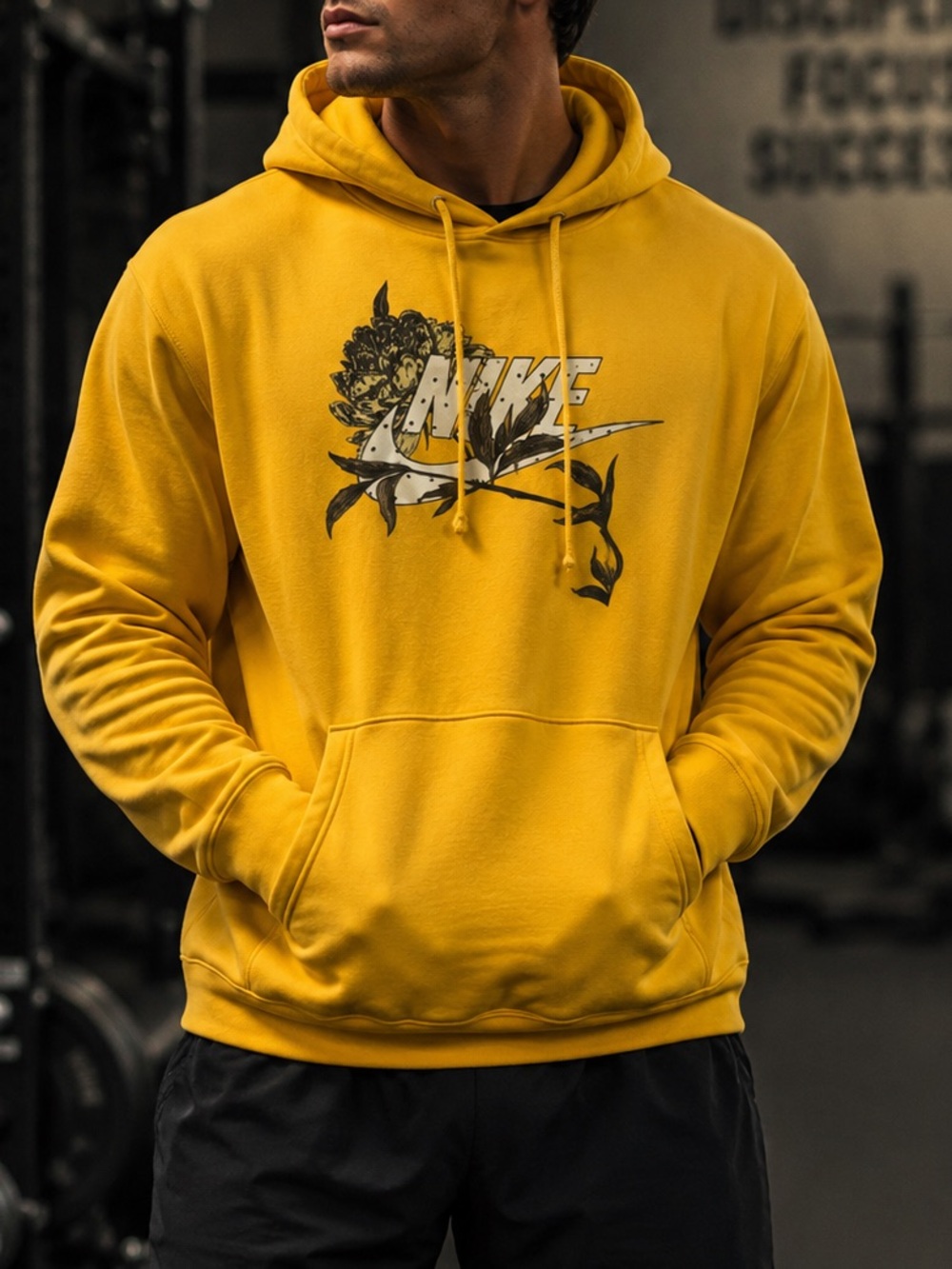 Nike Men's Yellow Rose Floral Logo Swoosh Pullover Hoodie Athletic Sweatshirt
